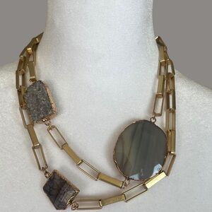 Gray Agate & Druzy on Gold Chain Statement Necklace